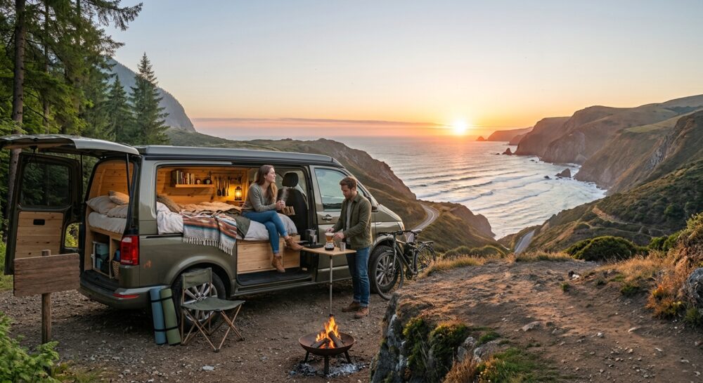 coppia in camper in riva al mare