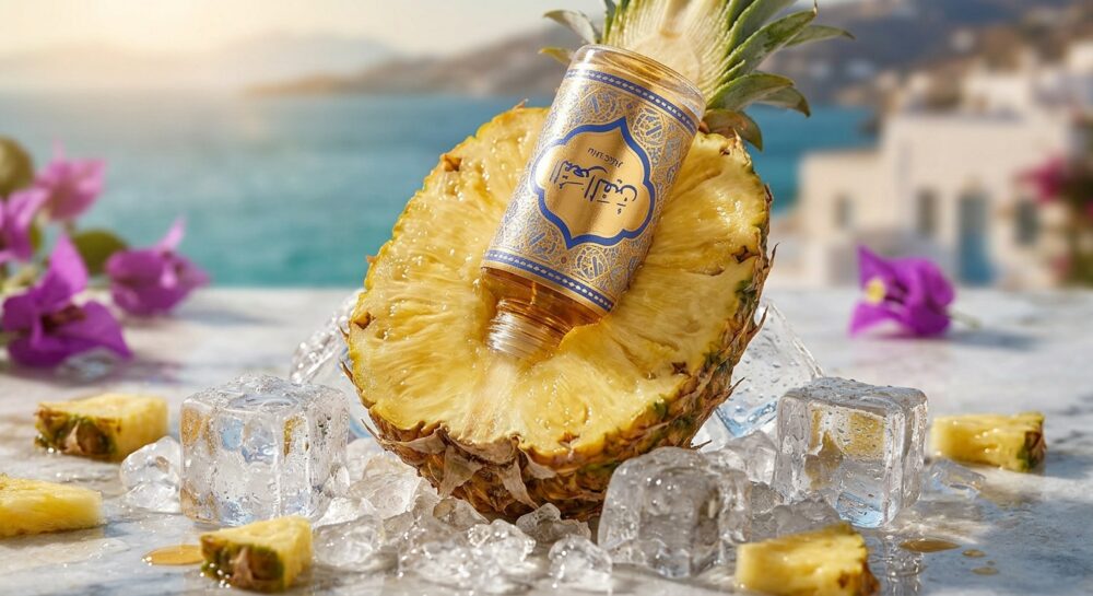 boccetta di profumo piantata in mezzo a un ananas aperto a metà