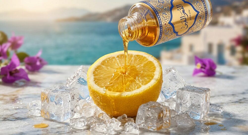 boccetta di profumo che cola del liquido all'interno di un limone circondato da cubetti di ghiaccio