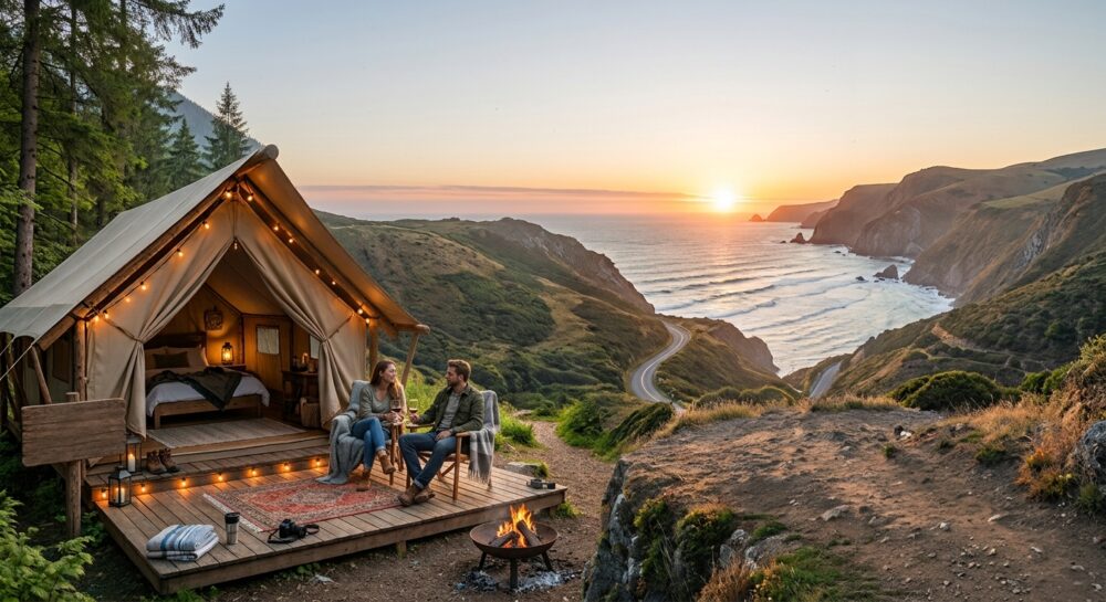 coppia che fa glamping con una tenda lussuosa