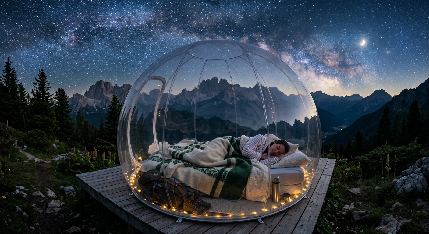 donna che dorme all'interno di una bolla di plexiglass