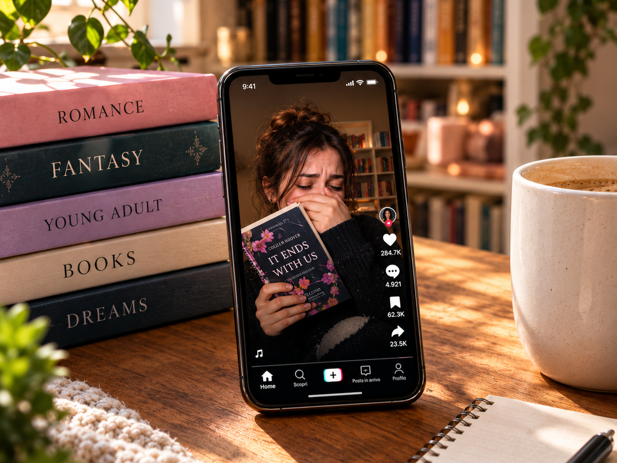 cellulare con un video tiktok di una booktoker che piange con in mano un libro