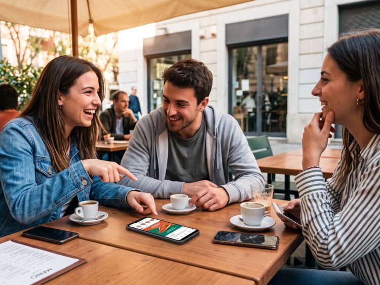tre amici al bar fanno una ricerca sul cellulare