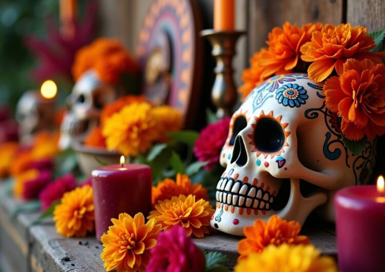 ofrenda messicana per Día de Muertos con teschio in primo piano