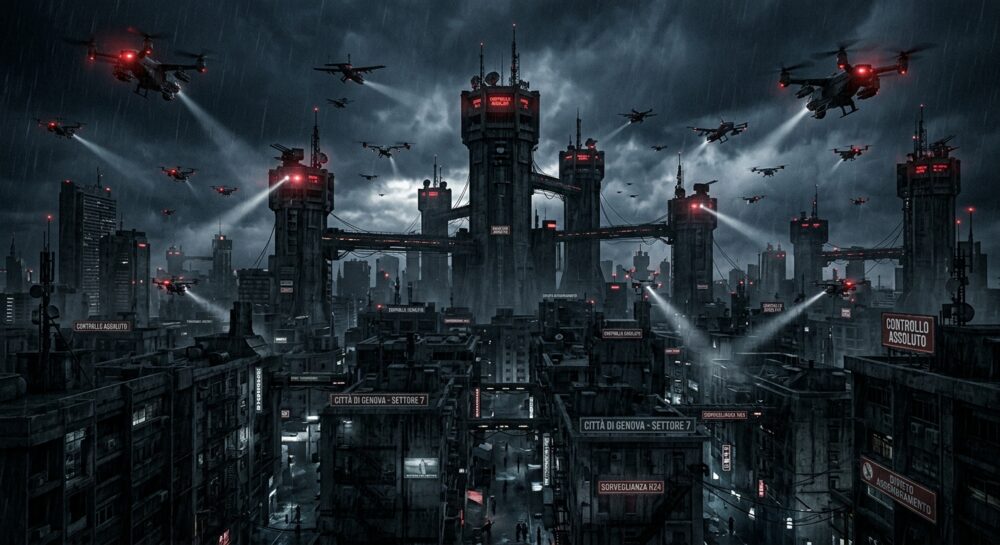 citta del futuro in stile apocalittico circondata da droni