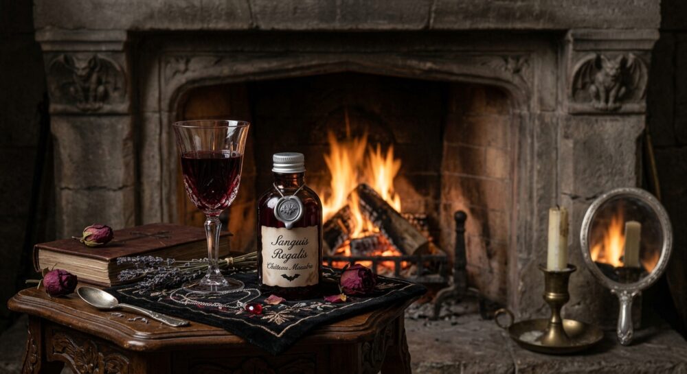 boccette di profumo e un calice di vino rosso davanti a un caminetto