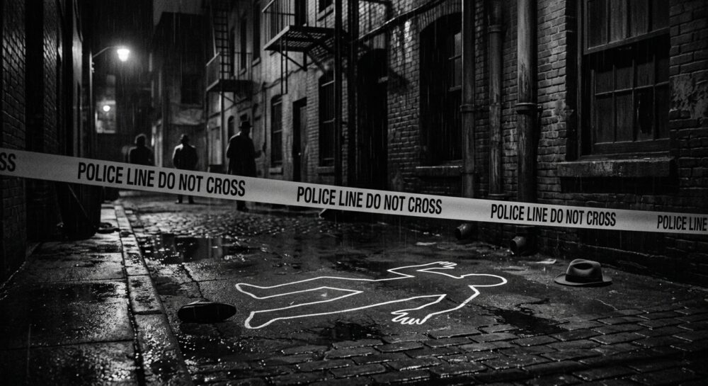 scena del crimine con nastro con scritto don't cross the line