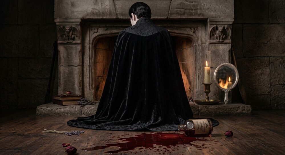 Vampiro di spalle di fronte a un caminetto