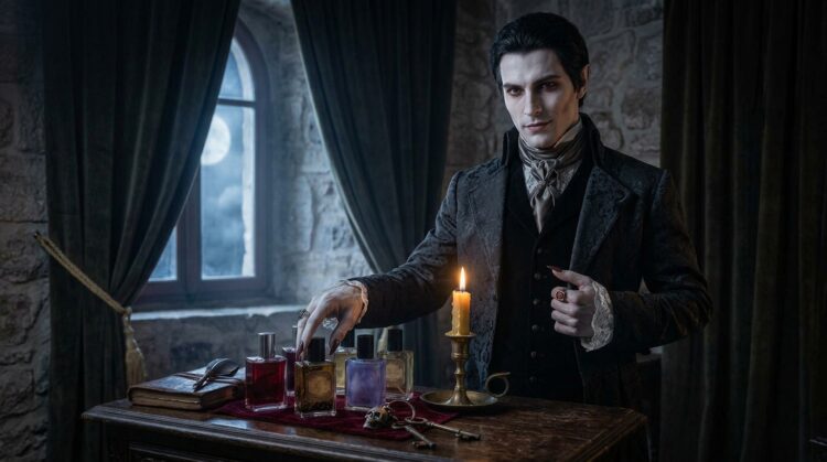 Vampiro dandy accanto a una finestra vicino a dei profumi su un tavolo vintage