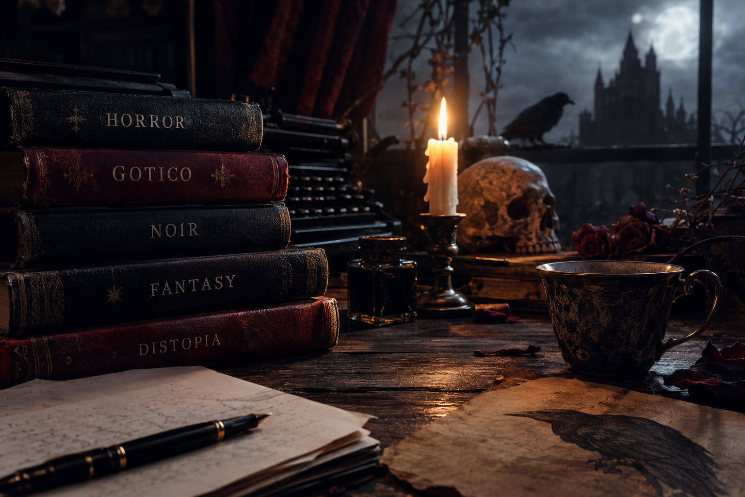 Libri gotici impilati in penombra alla luce di una candela
