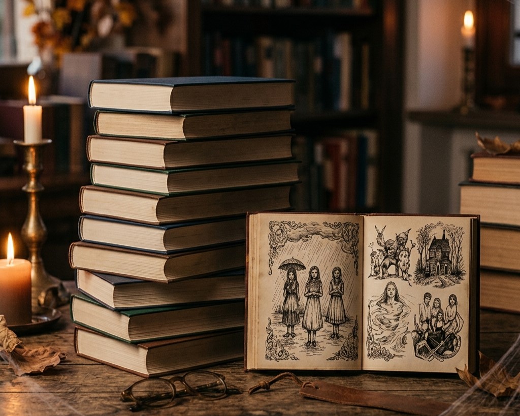 pila di libri horror in atmosfera oscura da halloween