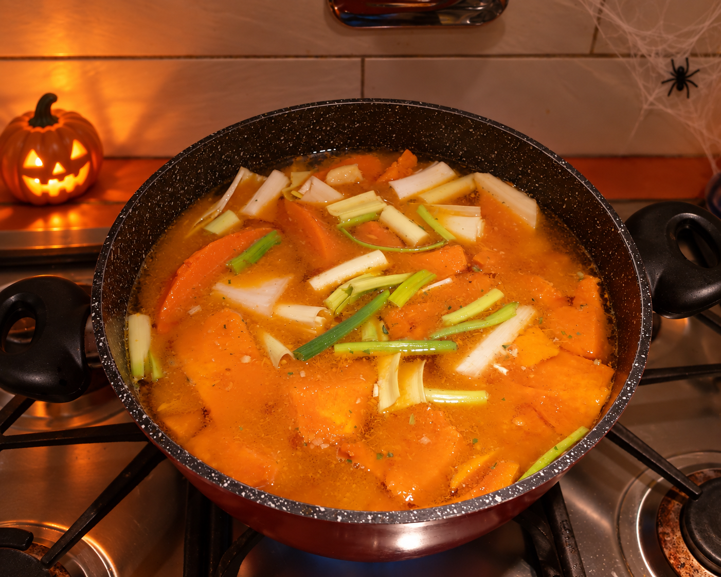 pentola di minestrone di zucca con decorazioni di halloween sul piano cottura